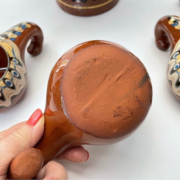 Bulgarian Pottery Pedestal Bowl & 6 Cups - Picture 10 of 13